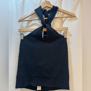 Banana Republic Black Halter Knit Top Open Back Tie Neck Size L NWT